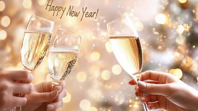 Festive new year celebration with champagne toast and holiday decor