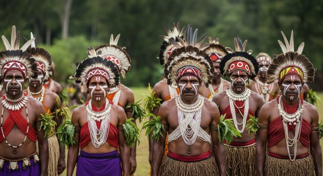 A line of serious-looking tribesmen from Papua New Guinea, adorned with leaves, feathered headdresses, and shell necklaces for a cultural ceremony.