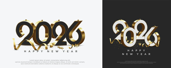 Two 2026 happy new year designs on white and black backgrounds.