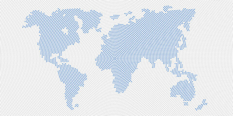 Abstract digital world map of blue dots on white background. Futuristic technology concept for global data communication. Backdrop for tech presentations or infographics. Vector illustration.