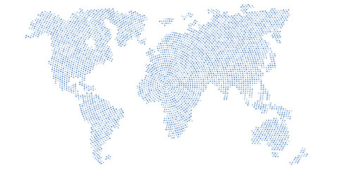 Digital world map of blue dots on white background. Futuristic technology concept for global data and communication. Backdrop for tech presentations or infographics. Vector illustration.