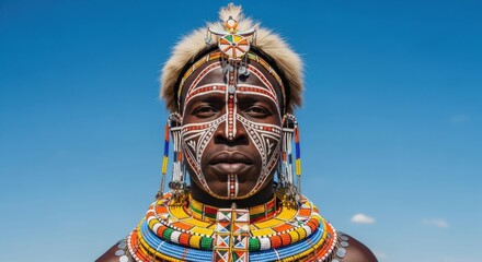 Obraz premium Close-up portrait of a proud African tribesman with intricate white and red face paint and a colorful beaded collar against a bright blue sky.