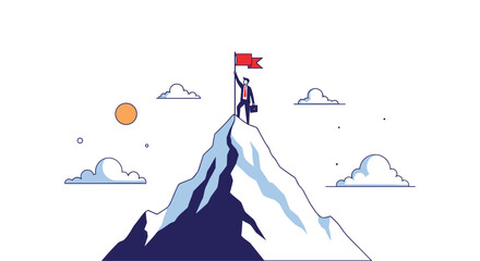 Achieving success on top of the mountain with a red flag and sun