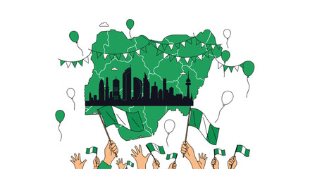 Celebrating nigerian independence day with national pride and festive spirit lively gathering of people raising flags and balloons in support of a flourishing nation