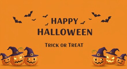 Happy halloween greeting with pumpkins, witch hats, and flying bats for trick or treat celebrations