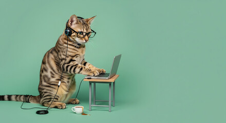 Focused Tabby Cat Techie Wearing Headphones and Glasses, Working diligently on a Laptop on a Green Background.