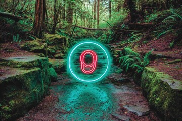 Neon "9" in a forest glade