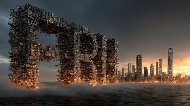 Floating letters over modern skyline representing innovation, communication, and abstract digital symbolism