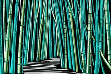 Vibrant teal bamboo grove on black