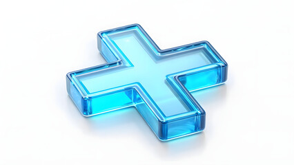 Fototapeta premium 3D blue glass medical cross icon with transparent holographic style isolated on white background for healthcare design