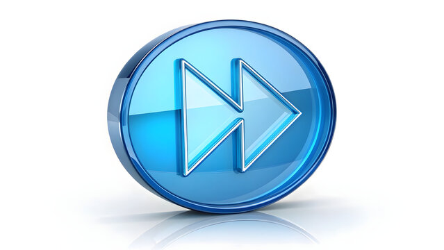 Glossy 3D blue fast forward icon with glass effect and double arrow symbol, isolated on white with light reflection - Powered by Adobe
