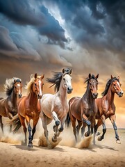 Fototapeta premium Group of horses running in the sand