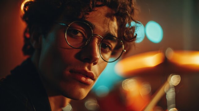Close-up of a young man with curly hair and glasses in a moody urban setting at night. - Powered by Adobe