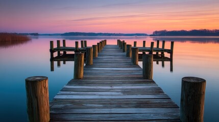 Peaceful sunrise over a tranquil wooden dock