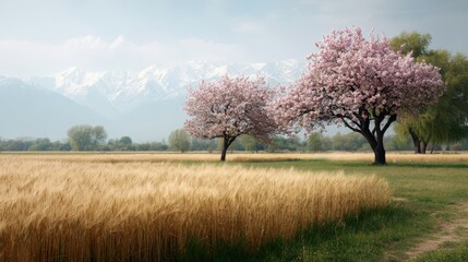 Naklejka premium Panoramic landscape with cherry blossoms wheat fields autumn forests and snowcapped mountains serene natural vista with copy space on right