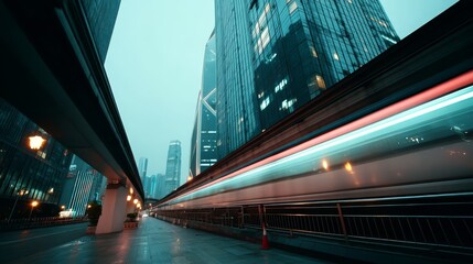 Naklejka premium Futuristic monorail speeding past neonlit skyscrapers at twilight with motion blur and urban skyline in the background