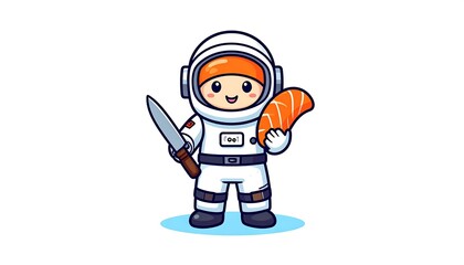 Fototapeta premium Cute astronaut chef holding a knife and salmon