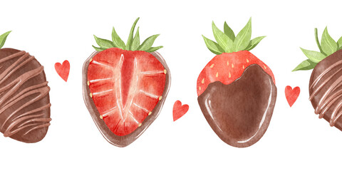 Seamless border with chocolate-covered watercolor strawberries.