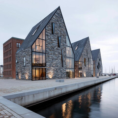 aarhus, denmark, bauwerk, architektur, haus, himmel, alt, dach, blau, rot, fenster, zuhause, backstein, aufbau, holz, gewerblich, lager, fassade, stadt