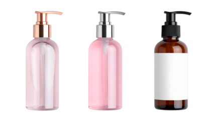 Three Pump Bottles: Rose, Clear, Amber with Blank Label