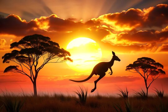 A kangaroo is silhouetted against a vibrant sunset in the australian outback with