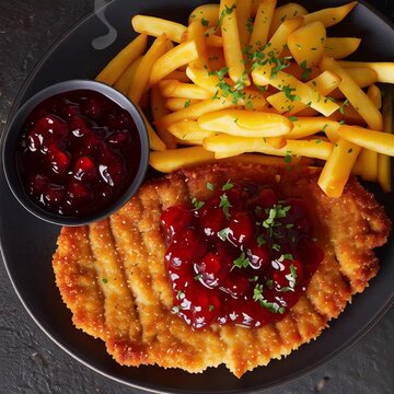 wiener, schnitzel, pommes, preiselbeeren, preiselbeerensauce, kalbsschnitzel, kalbsfleisch, essen, mahl, feigling, abendessen, fleisch, teller, essgeschirr, gebraten, kochen, chip, tomate, lunch, rot,