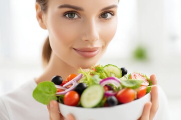 Close-up of smiling woman holding fresh colorful vegetable salad in white bowl.