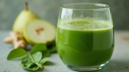 Fototapeta premium A vibrant glass of green juice sits beside fresh pears and leafy greens.