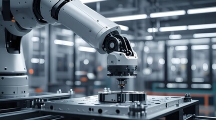 A sophisticated white industrial robot arm is performing a precision task on a mechanical component in a modern factory environment.