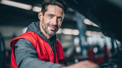 Male mechanic with beard smiling at camera inspecting engine in automotive workshop.