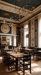 Naklejka premium A grand dining hall with ornate details and celestial ceiling.