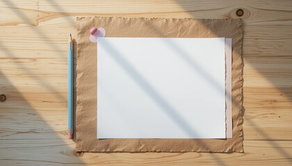 Naklejka premium Top view of blank white paper on brown textured mat with blue pencil and eraser on wooden desk in natural sunlight, minimal creative workspace mockup for drawing, school or artistic design projects 