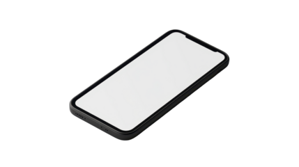 A black smartphone with a blank screen displayed in a 3d mockup.