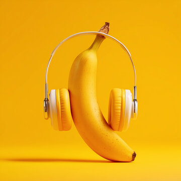 banane, bannane, frucht, gelb, yelloe, freigestellt, iosoliert, comic, illustration, musik, stream, streamen, kopfh&ouml;rer, musics, isoliert, klang, audio, head-set, wei&szlig;, anlagen, technik, stereo, black