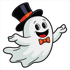 Cartoon style cute smiling ghost wearing a brown witch hat with orange buckle. Ideal for fun spooky Halloween decorations and festive seasonal themes.