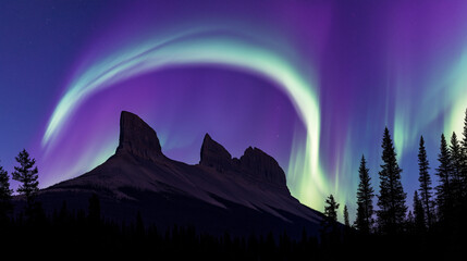 Surreal night sky with emerald and violet auroras arching like a cathedral over mountains.