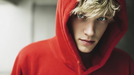 Close-up of young man with blond hair wearing red hoodie looking intense and confident.
