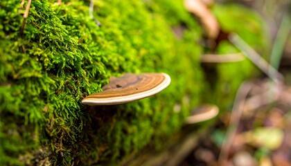 Close-up of a bracket fungus on moss-covered log