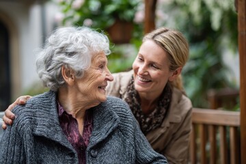 Portrait of happy senior couple with young caregiver at nursing home