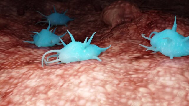 Macrophages engulf harmful bacteria and tumor cells. Cellular immunotherapy, 3D animation.