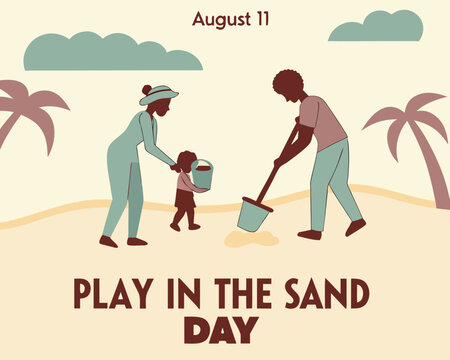 a family enjoying a playful day at the beach with sand toys and ocean view. this vector celebrates Play in the Sand Day, August 11, in a joyful and relaxed tone.