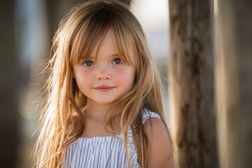 Fototapeta premium Adorable young girl with long blonde hair and blue eyes standing outdoors near a tree.