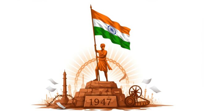Indian Independence Celebration with Flag Hoisted on Monument from 1947