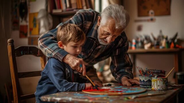 A senior gentleman and a young boy creating art together at a table