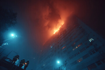 Naklejka premium Firefighters battle blaze in multi story building while rescuing trapped residents