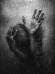 Silhouette behind foggy glass, hands pressed, emotional tension.