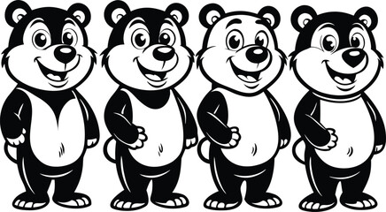 Four cartoon bears in black and white with happy smiles and friendly faces