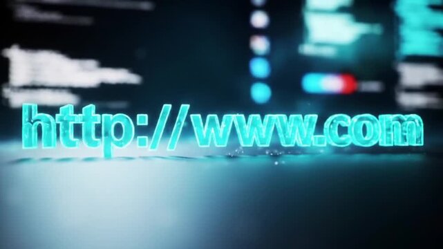 Glowing blue http www com animation on dark background with blurred codes