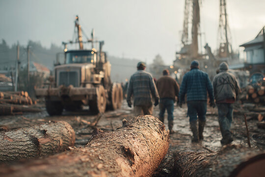 Industrial logging workers engage in tree felling with heavy machinery in a forest setting
