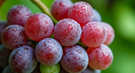 Close up of fresh red grapes with water droplets highlighting their juicy texture and vibrant color on a blurred green background
